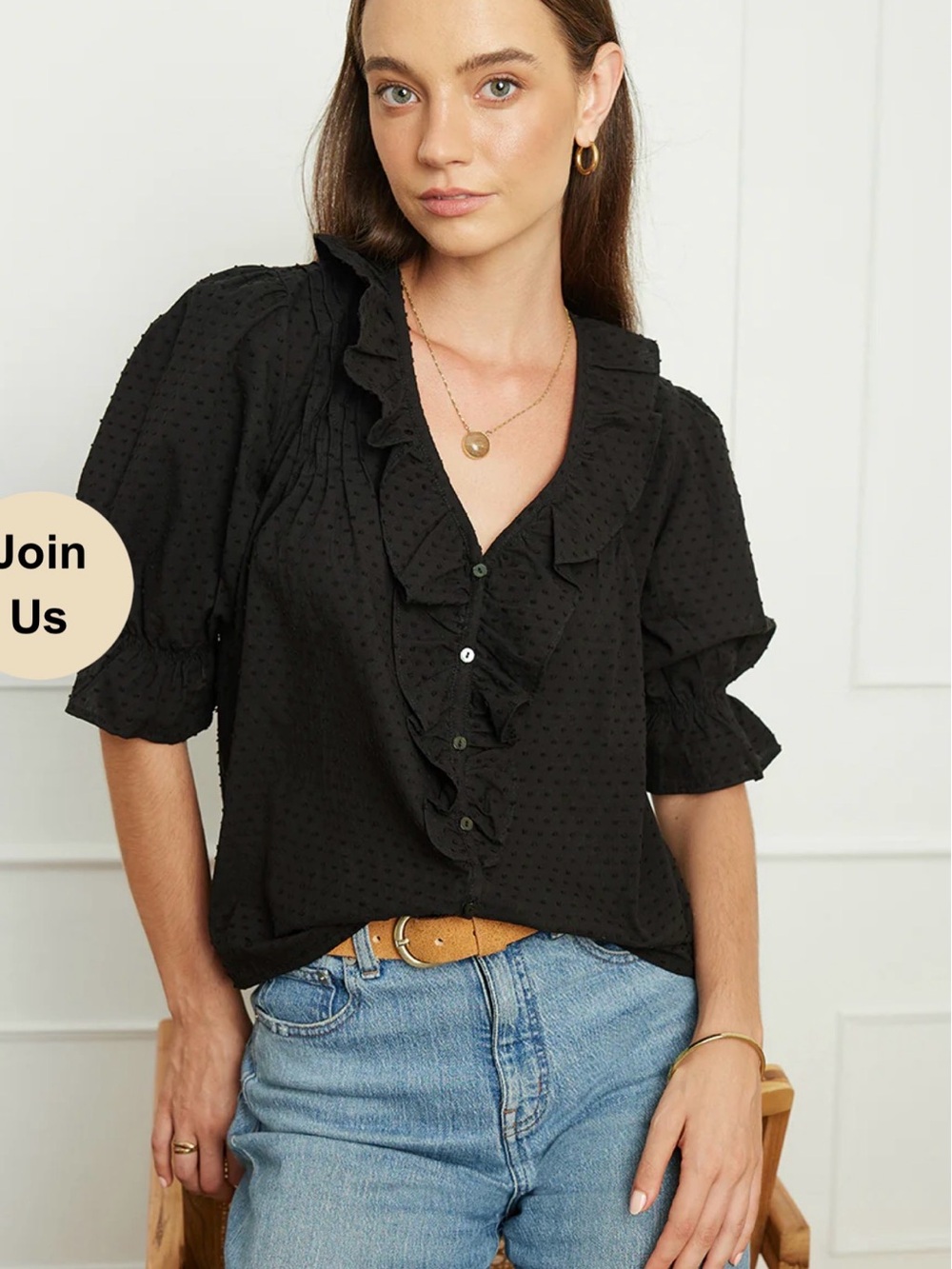 Paneros Chloe Ruffled V-Neck Black Swiss Dot Blouse with Short Puff Sleeves Sz M